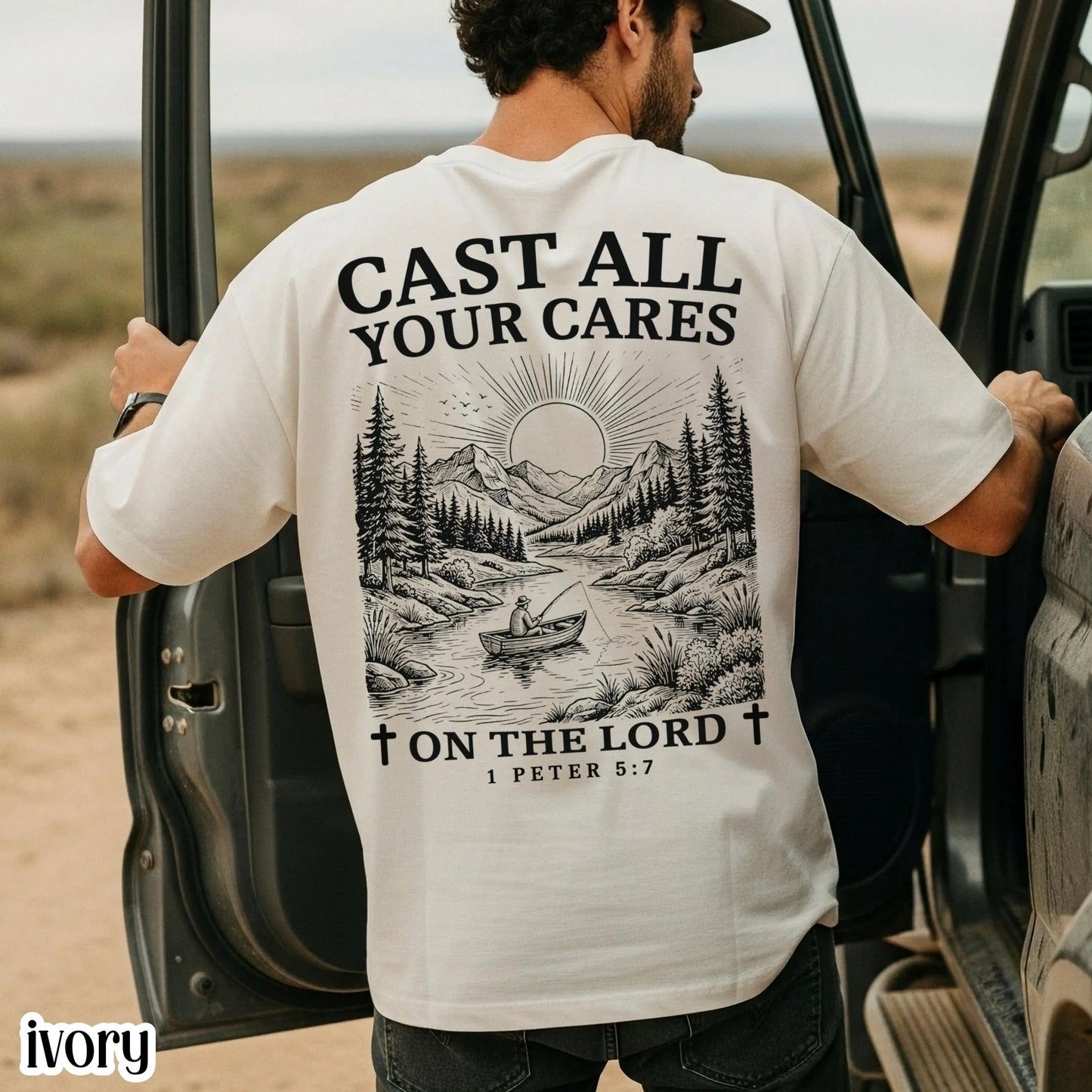 Mens Christian Comfort Colors Shirt Cast All Your Cares Lord 1 Peter 5:7 Nature River Fishing Boat Tee Faith Bible Verse Religious T-Shirt
