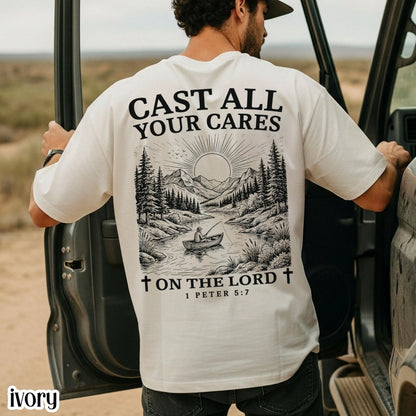 Mens Christian Comfort Colors Shirt Cast All Your Cares Lord 1 Peter 5:7 Nature River Fishing Boat Tee Faith Bible Verse Religious T-Shirt