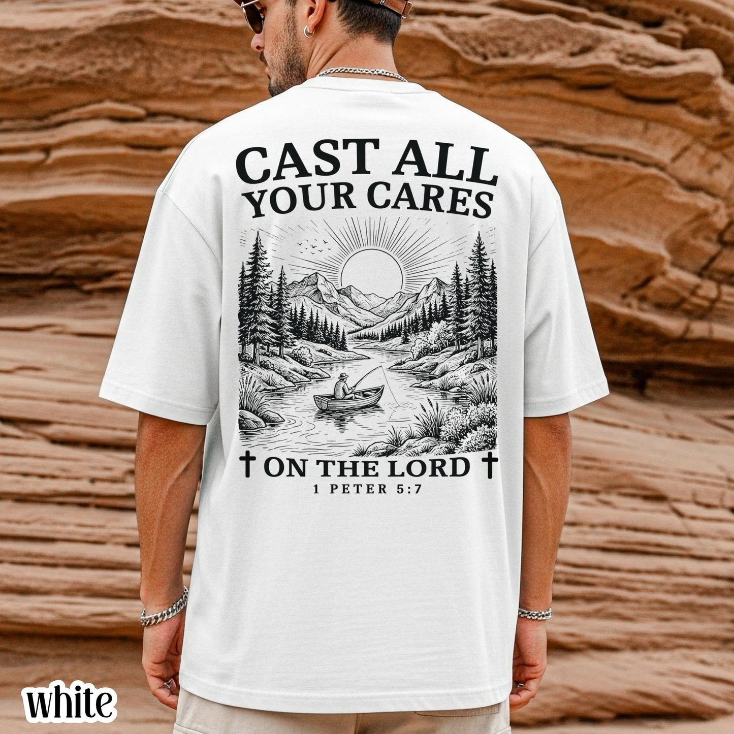 Mens Christian Comfort Colors Shirt Cast All Your Cares Lord 1 Peter 5:7 Nature River Fishing Boat Tee Faith Bible Verse Religious T-Shirt