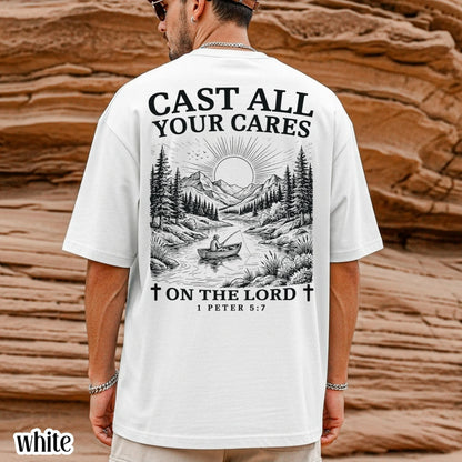 Mens Christian Comfort Colors Shirt Cast All Your Cares Lord 1 Peter 5:7 Nature River Fishing Boat Tee Faith Bible Verse Religious T-Shirt