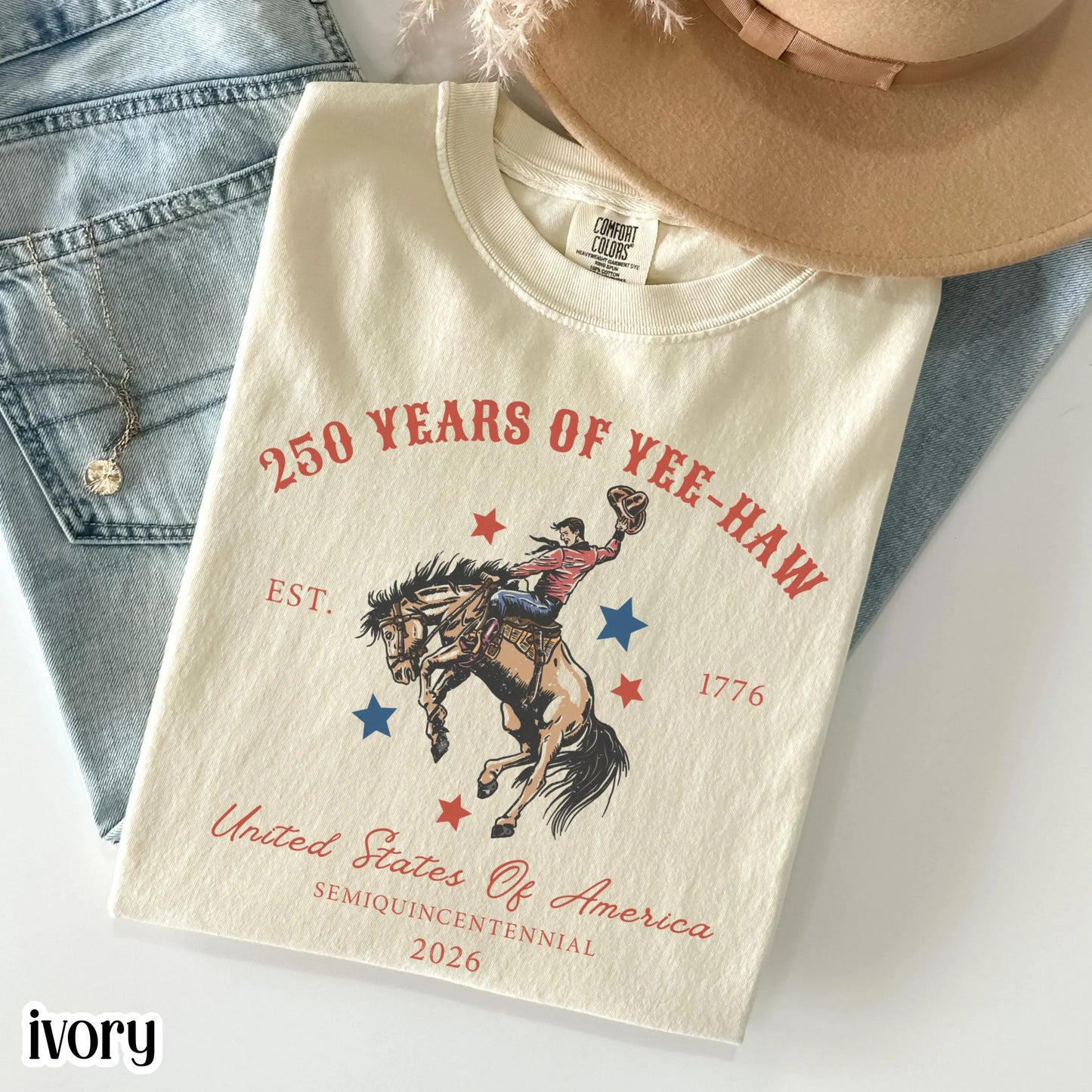 Comfort Colors 4th of July Shirt, 250 Year Anniversary Shirt, Fourth of July T-Shirt, USA Yee Haw Cowboy Tee for 4th of July Rodeo Party