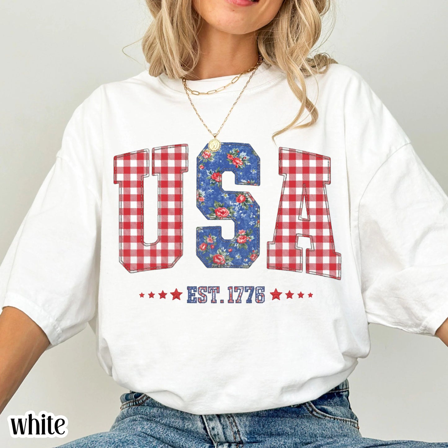 Comfort Colors 4th of July Shirt USA Fourth of July America Anniversary T-Shirt American Floral Faux Patchwork United States Party Outfit