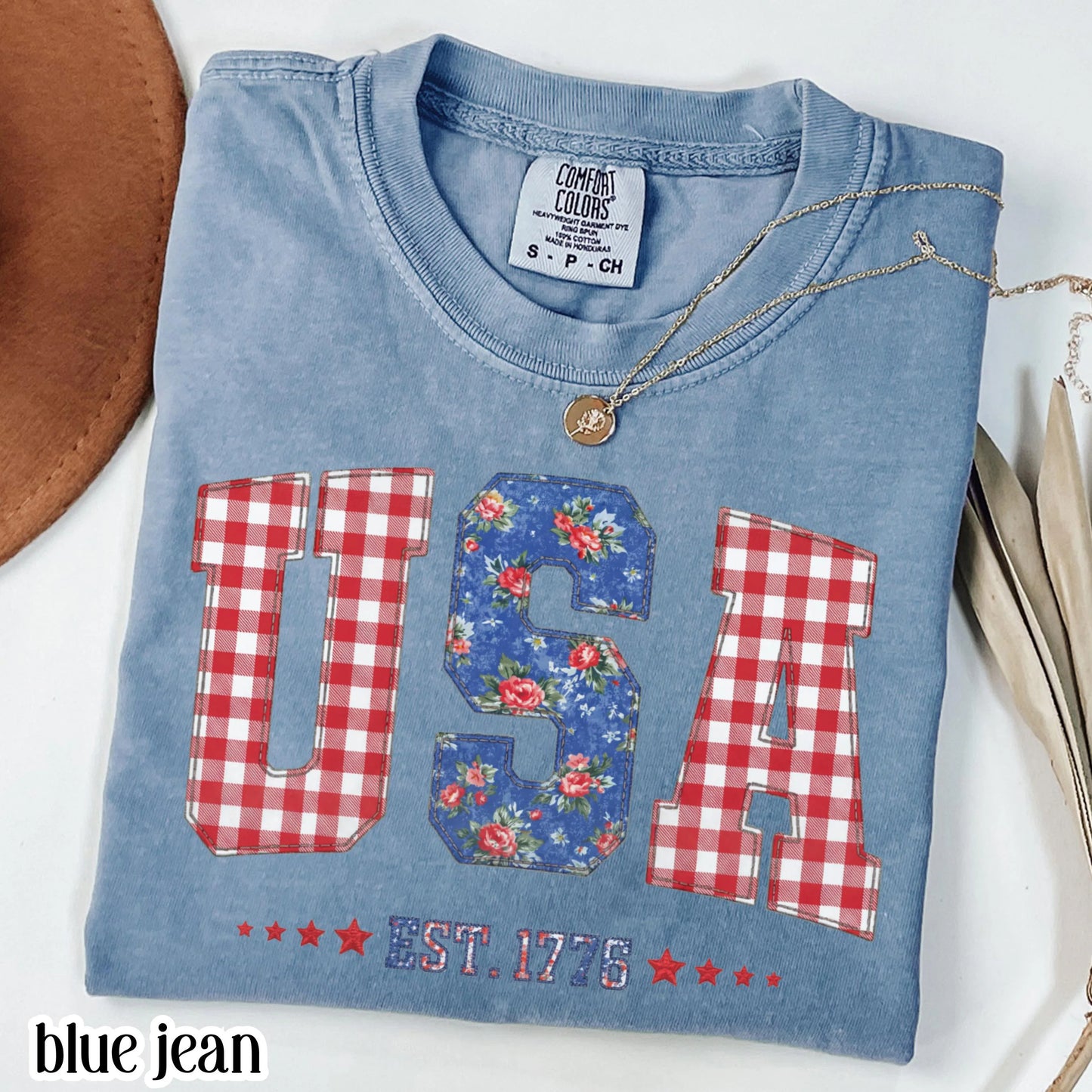 Comfort Colors 4th of July Shirt USA Fourth of July America Anniversary T-Shirt American Floral Faux Patchwork United States Party Outfit