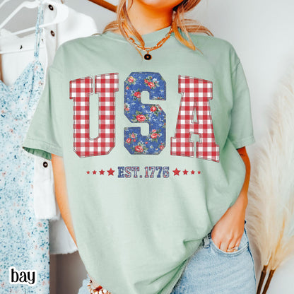 Comfort Colors 4th of July Shirt USA Fourth of July America Anniversary T-Shirt American Floral Faux Patchwork United States Party Outfit