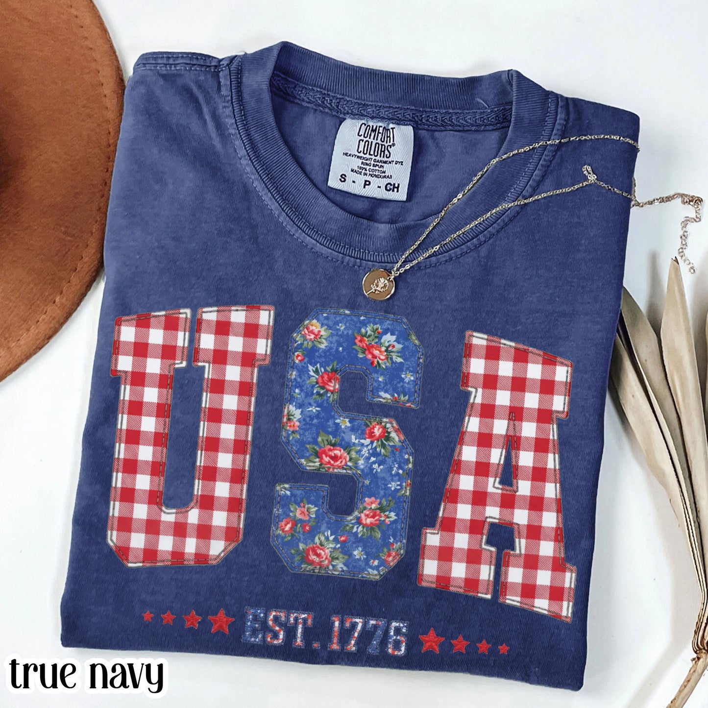 Comfort Colors 4th of July Shirt USA Fourth of July America Anniversary T-Shirt American Floral Faux Patchwork United States Party Outfit