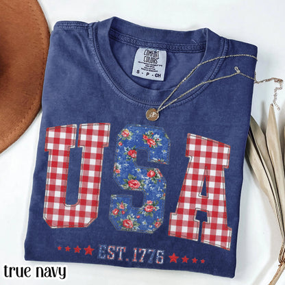 Comfort Colors 4th of July Shirt USA Fourth of July America Anniversary T-Shirt American Floral Faux Patchwork United States Party Outfit