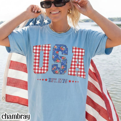 Comfort Colors 4th of July Shirt USA Fourth of July America Anniversary T-Shirt American Floral Faux Patchwork United States Party Outfit