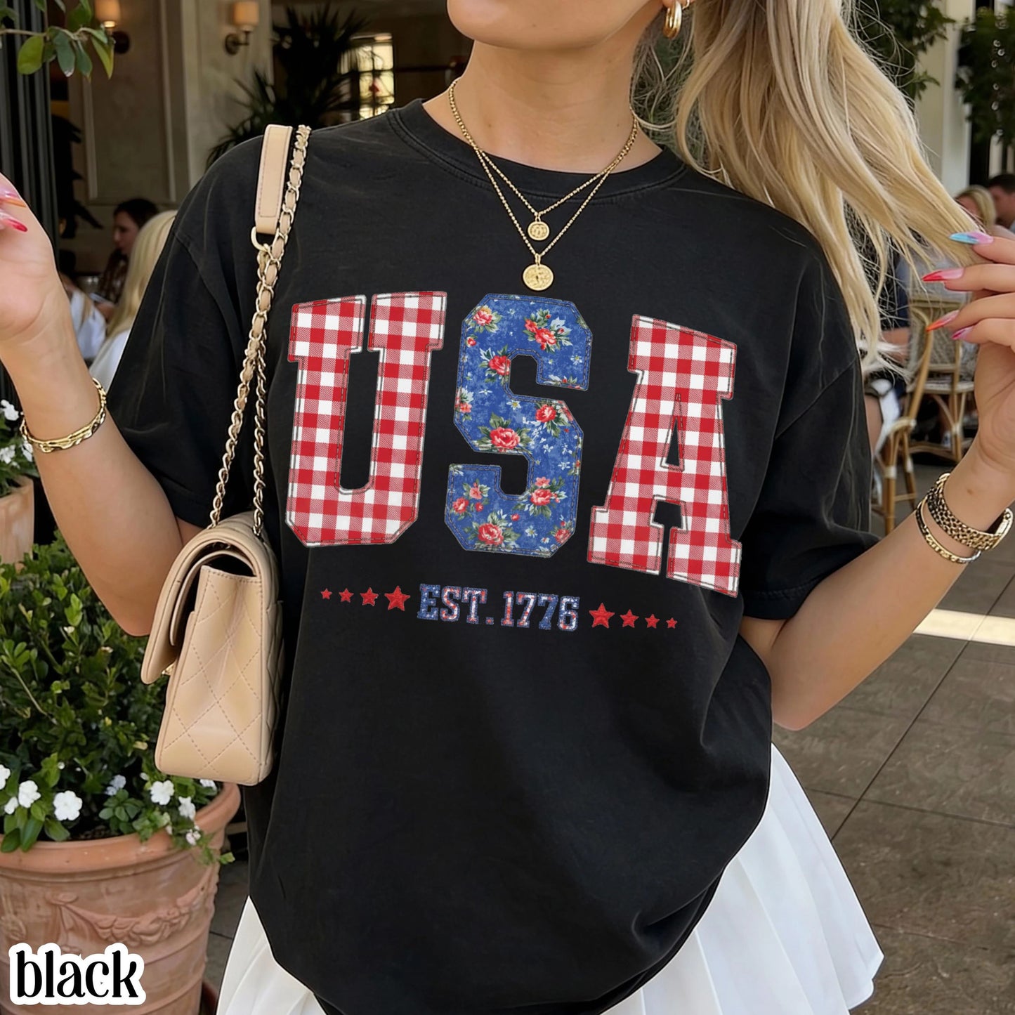 Comfort Colors 4th of July Shirt USA Fourth of July America Anniversary T-Shirt American Floral Faux Patchwork United States Party Outfit