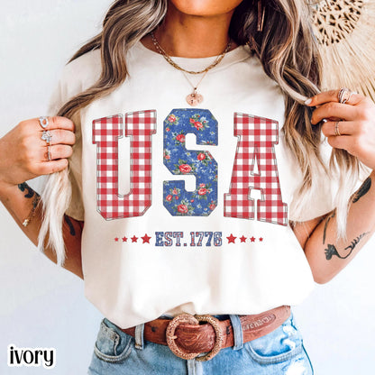 Comfort Colors 4th of July Shirt USA Fourth of July America Anniversary T-Shirt American Floral Faux Patchwork United States Party Outfit
