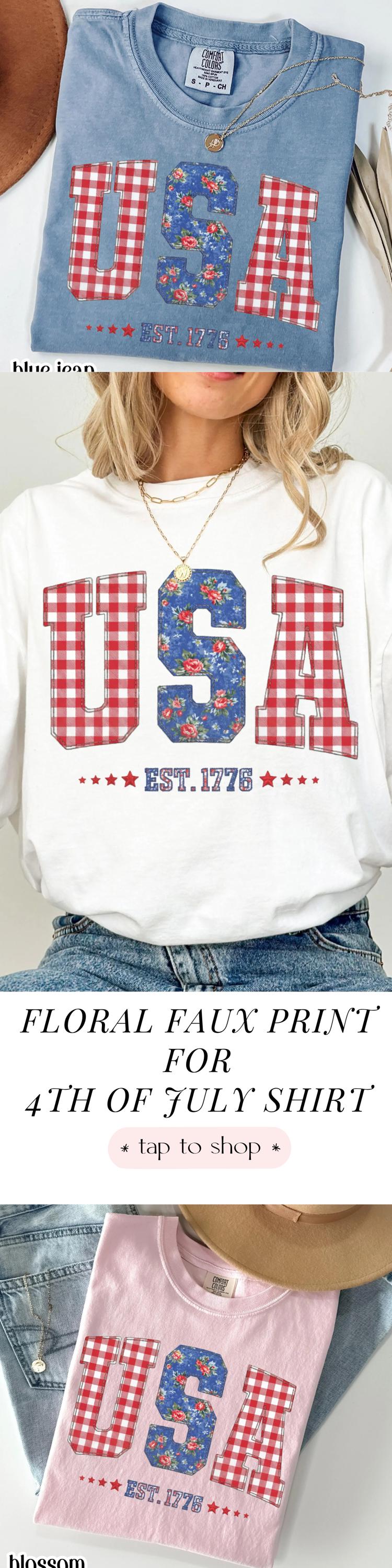 Comfort Colors 4th of July Shirt USA Fourth of July America Anniversary T-Shirt American Floral Faux Patchwork United States Party Outfit
