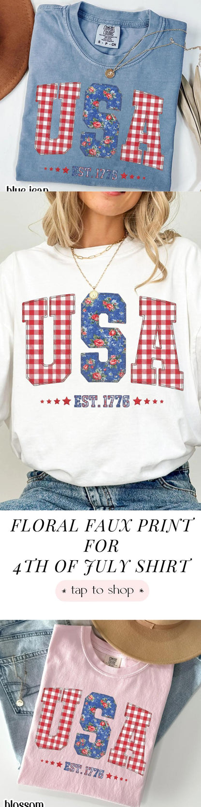 Comfort Colors 4th of July Shirt USA Fourth of July America Anniversary T-Shirt American Floral Faux Patchwork United States Party Outfit
