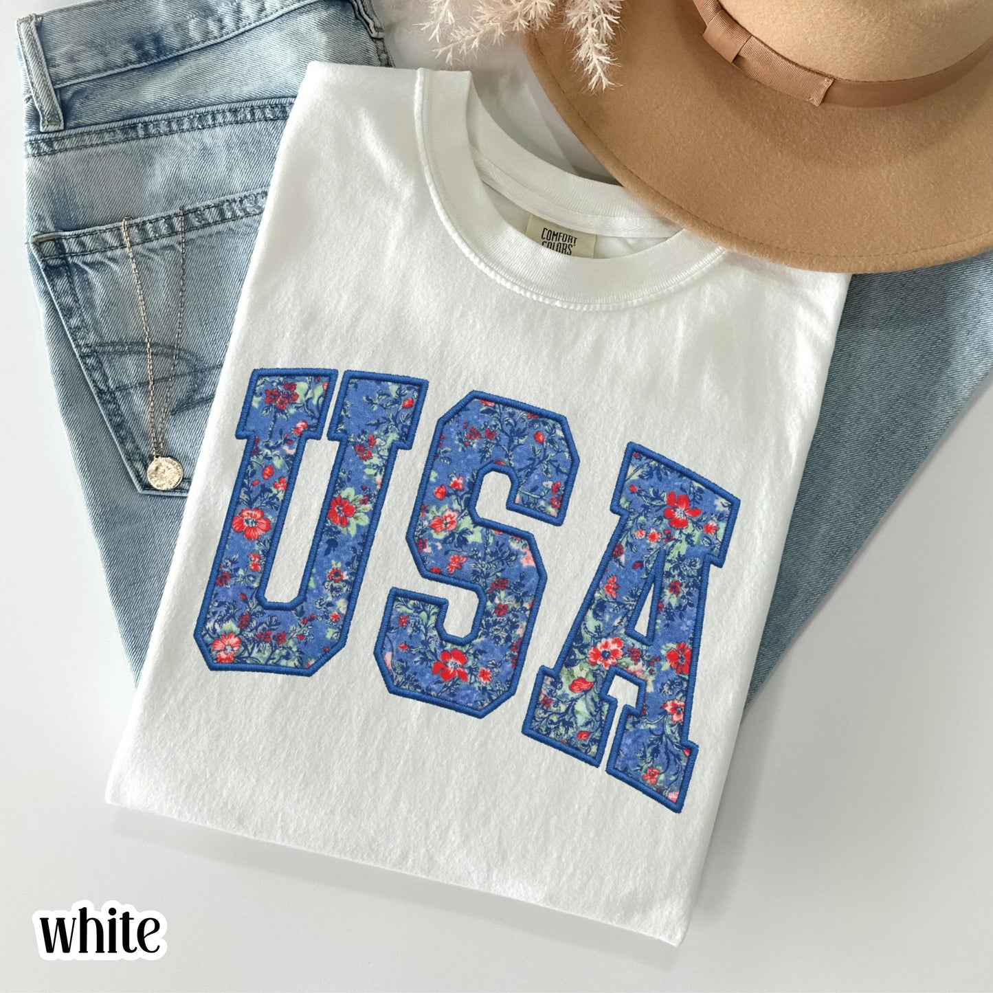 USA Comfort Colors Shirt 4th of July Fourth of July America Anniversary T-Shirt American Floral Faux Patchwork United States Party Outfit