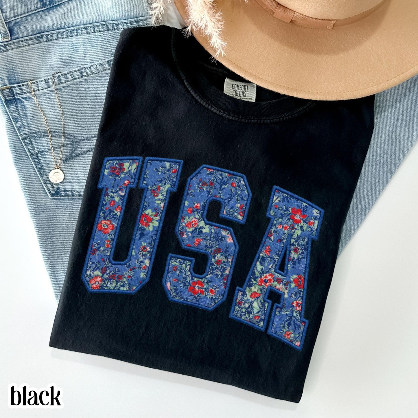 USA Comfort Colors Shirt 4th of July Fourth of July America Anniversary T-Shirt American Floral Faux Patchwork United States Party Outfit