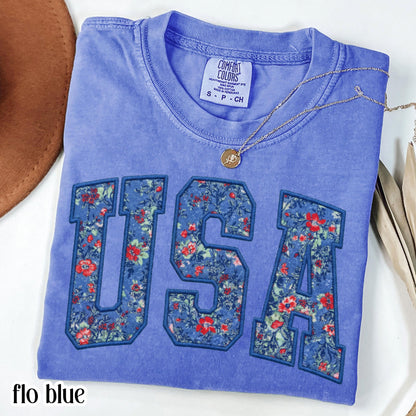 USA Comfort Colors Shirt 4th of July Fourth of July America Anniversary T-Shirt American Floral Faux Patchwork United States Party Outfit