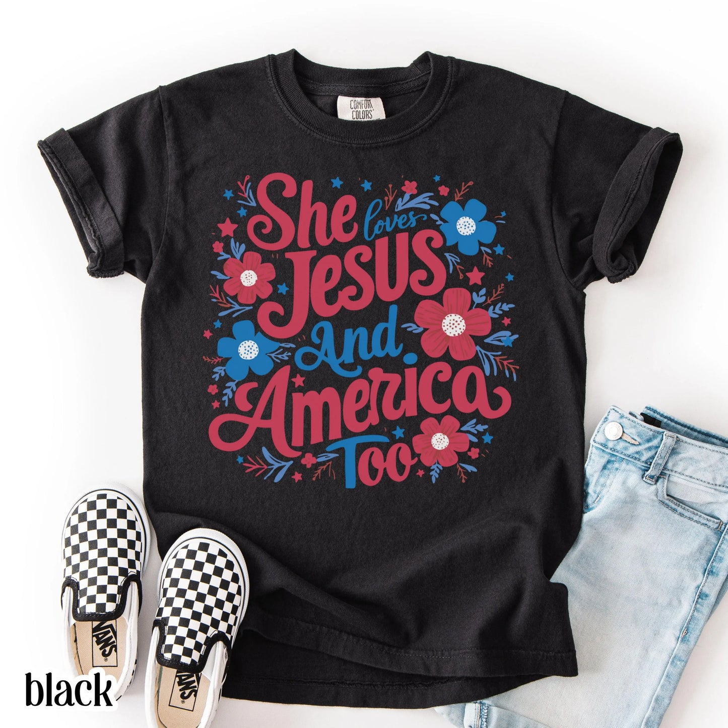 Comfort Colors Kids 4th of July Shirt, Youth USA Shirt, Fourth of July Shirt, Christian Kid Shirt, Jesus Shirt, She Loves Jesus Tee