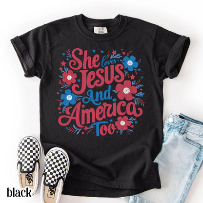 Comfort Colors Kids 4th of July Shirt, Youth USA Shirt, Fourth of July Shirt, Christian Kid Shirt, Jesus Shirt, She Loves Jesus Tee