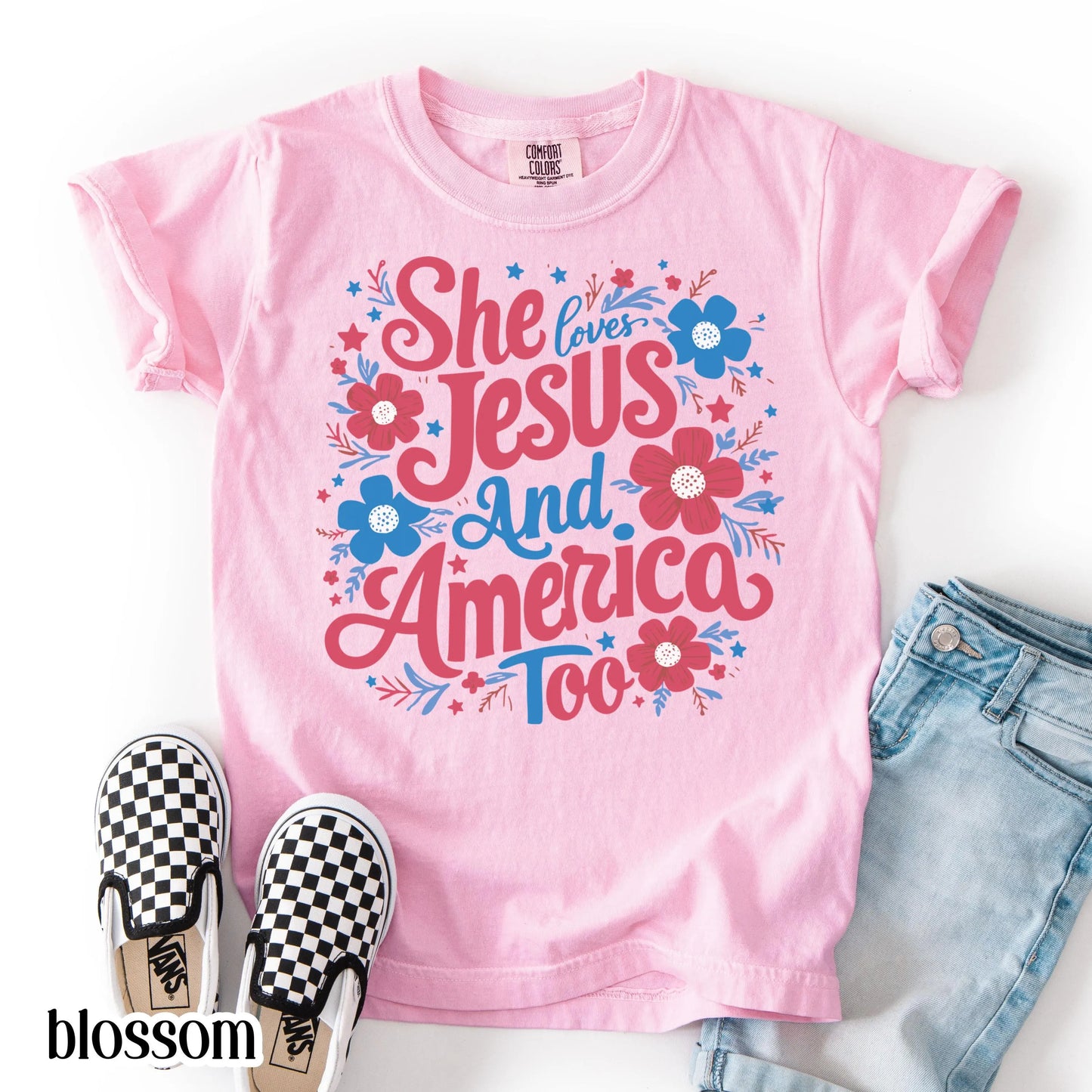 Comfort Colors Kids 4th of July Shirt, Youth USA Shirt, Fourth of July Shirt, Christian Kid Shirt, Jesus Shirt, She Loves Jesus Tee