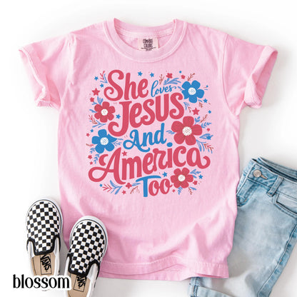 Comfort Colors Kids 4th of July Shirt, Youth USA Shirt, Fourth of July Shirt, Christian Kid Shirt, Jesus Shirt, She Loves Jesus Tee