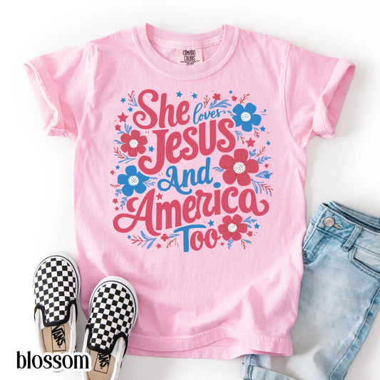 Comfort Colors Kids 4th of July Shirt, Youth USA Shirt, Fourth of July Shirt, Christian Kid Shirt, Jesus Shirt, She Loves Jesus Tee