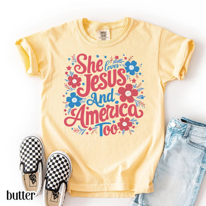 Comfort Colors Kids 4th of July Shirt, Youth USA Shirt, Fourth of July Shirt, Christian Kid Shirt, Jesus Shirt, She Loves Jesus Tee