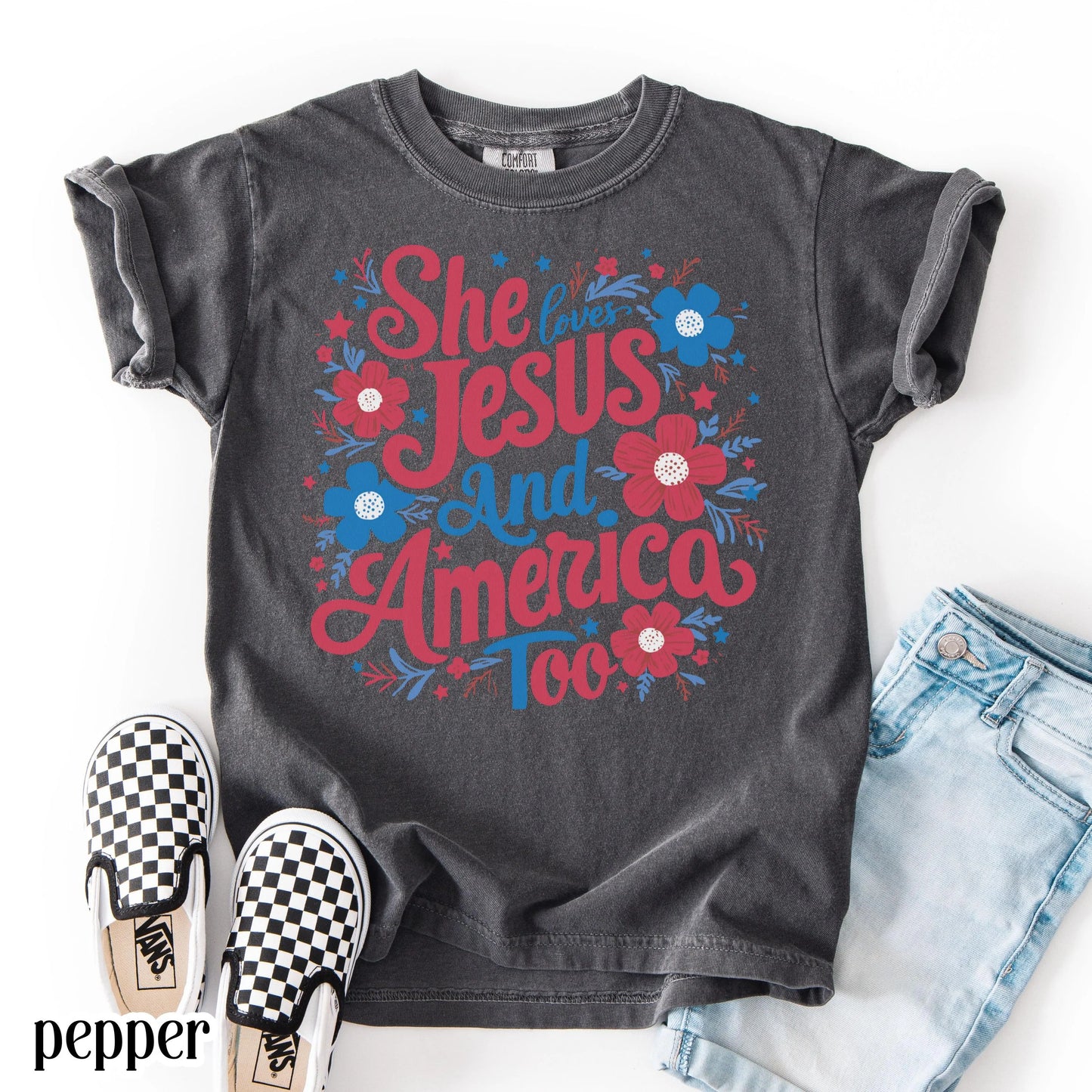 Comfort Colors Kids 4th of July Shirt, Youth USA Shirt, Fourth of July Shirt, Christian Kid Shirt, Jesus Shirt, She Loves Jesus Tee