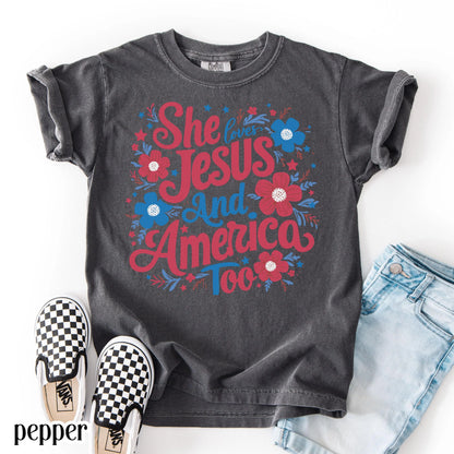 Comfort Colors Kids 4th of July Shirt, Youth USA Shirt, Fourth of July Shirt, Christian Kid Shirt, Jesus Shirt, She Loves Jesus Tee