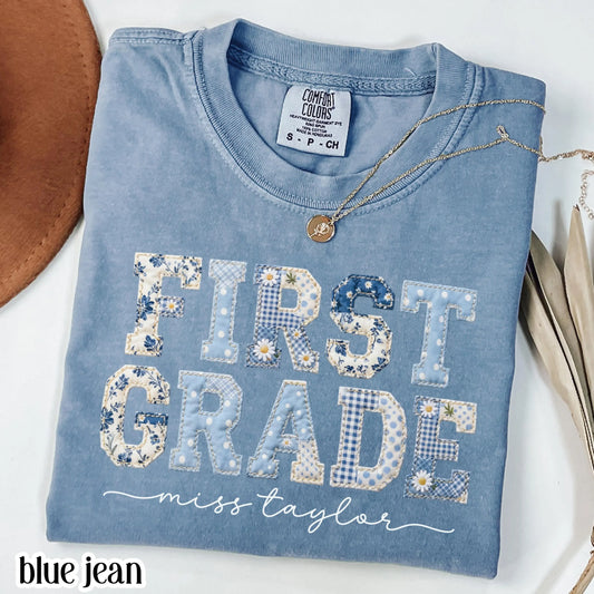 Comfort Colors® First Grade Teacher Shirt 1st Grade Matching Group T-Shirt Floral Blue Faux Patchwork Educator Back to School Team Tee
