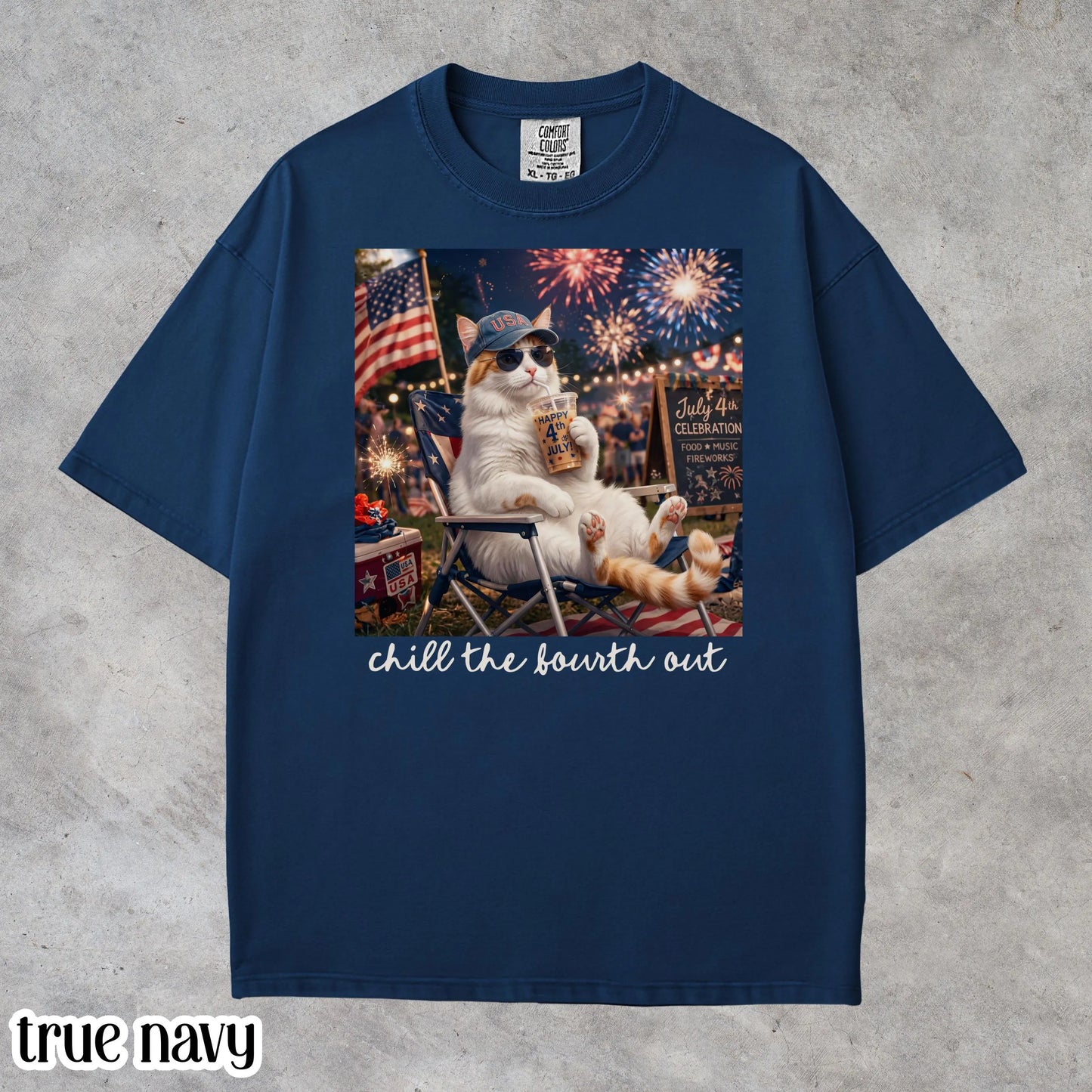 4th of July Cat America Comfort Colors Shirt Kitty Iced Coffee Patriotic USA Tee Chill Out Funny Cat Lover TShirt Fourth of July T-Shirt