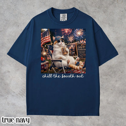 4th of July Cat America Comfort Colors Shirt Kitty Iced Coffee Patriotic USA Tee Chill Out Funny Cat Lover TShirt Fourth of July T-Shirt