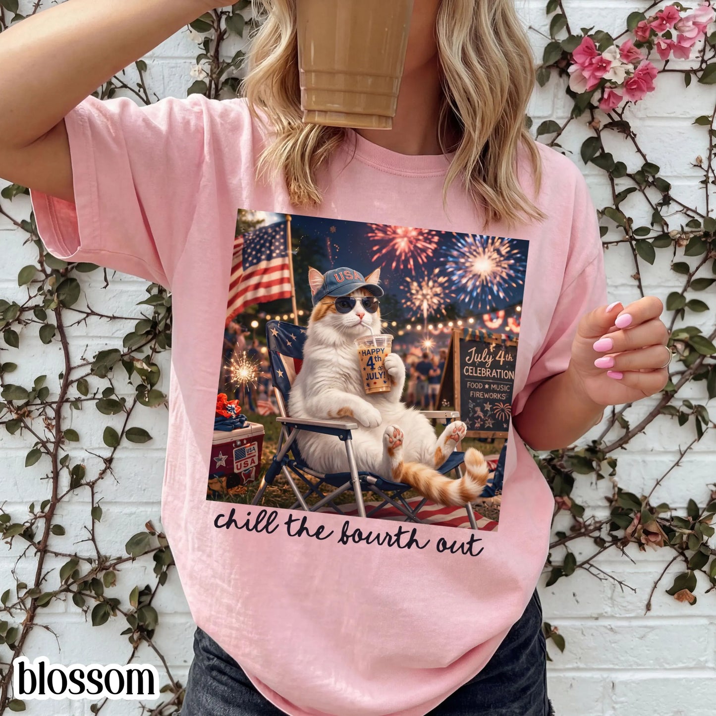 4th of July Cat America Comfort Colors Shirt Kitty Iced Coffee Patriotic USA Tee Chill Out Funny Cat Lover TShirt Fourth of July T-Shirt