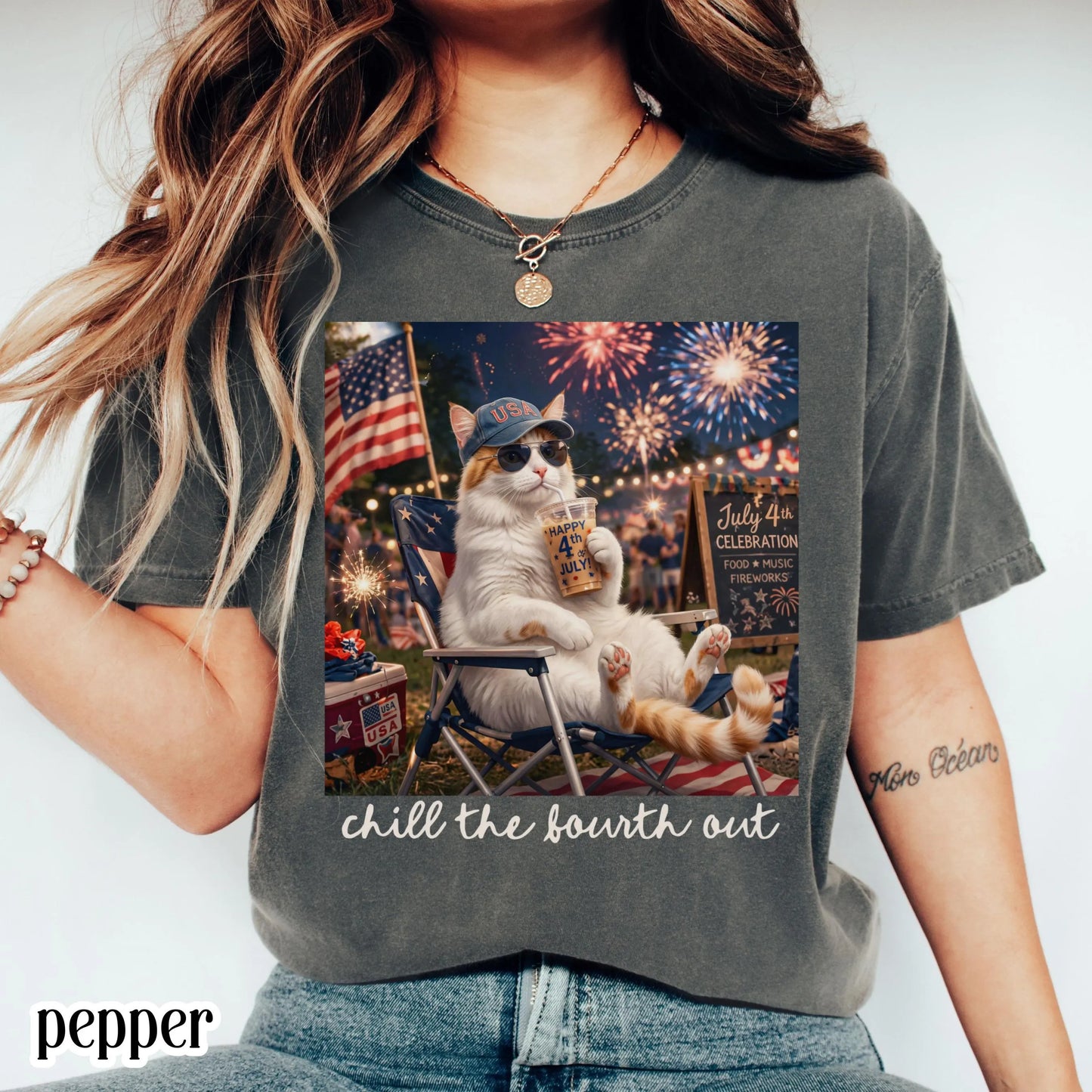 4th of July Cat America Comfort Colors Shirt Kitty Iced Coffee Patriotic USA Tee Chill Out Funny Cat Lover TShirt Fourth of July T-Shirt