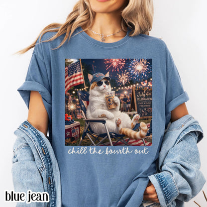 4th of July Cat America Comfort Colors Shirt Kitty Iced Coffee Patriotic USA Tee Chill Out Funny Cat Lover TShirt Fourth of July T-Shirt