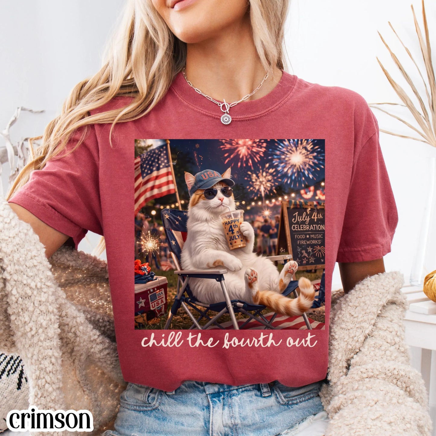 4th of July Cat America Comfort Colors Shirt Kitty Iced Coffee Patriotic USA Tee Chill Out Funny Cat Lover TShirt Fourth of July T-Shirt