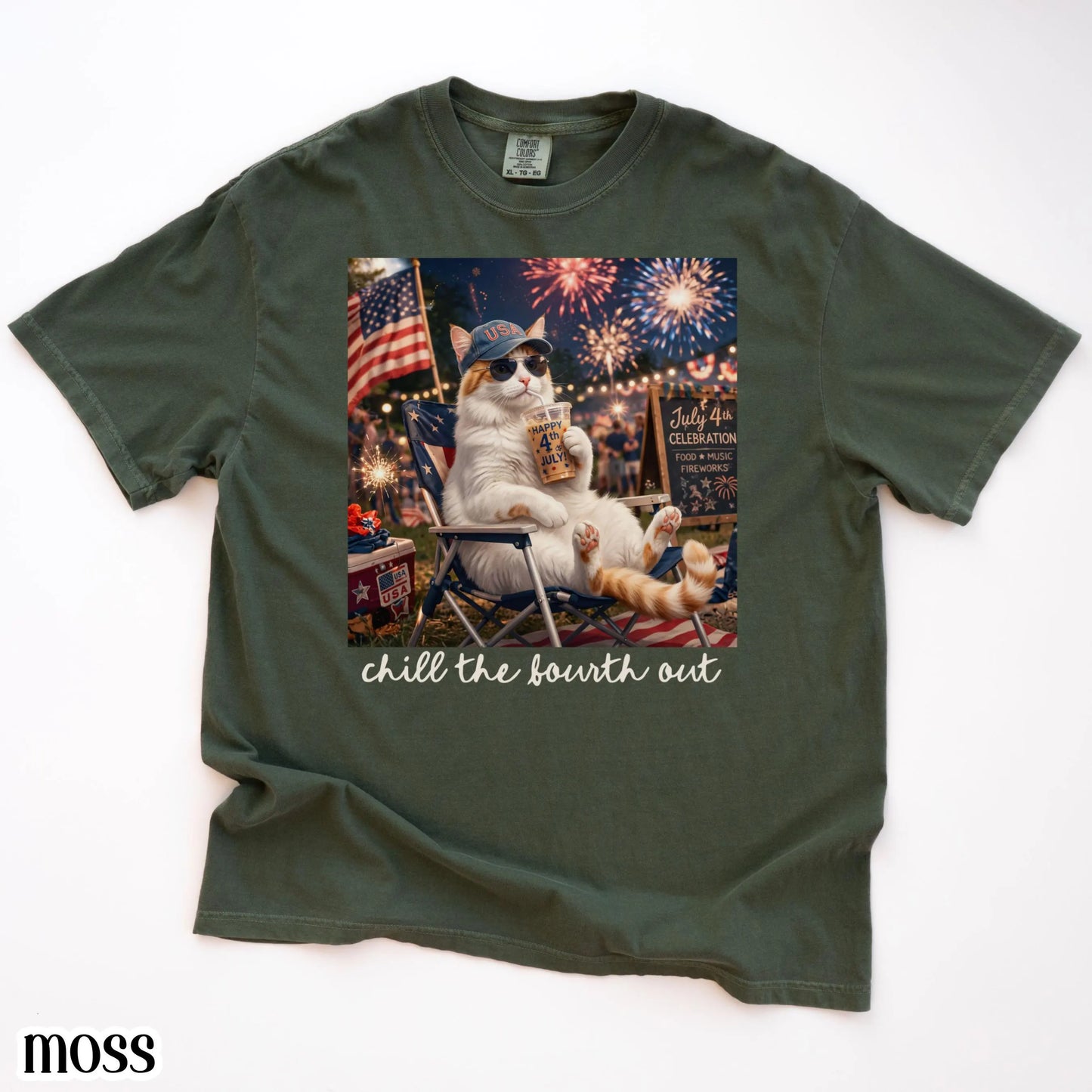 4th of July Cat America Comfort Colors Shirt Kitty Iced Coffee Patriotic USA Tee Chill Out Funny Cat Lover TShirt Fourth of July T-Shirt