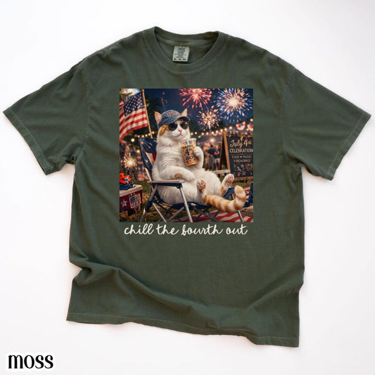 4th of July Cat America Comfort Colors Shirt Kitty Iced Coffee Patriotic USA Tee Chill Out Funny Cat Lover TShirt Fourth of July T-Shirt
