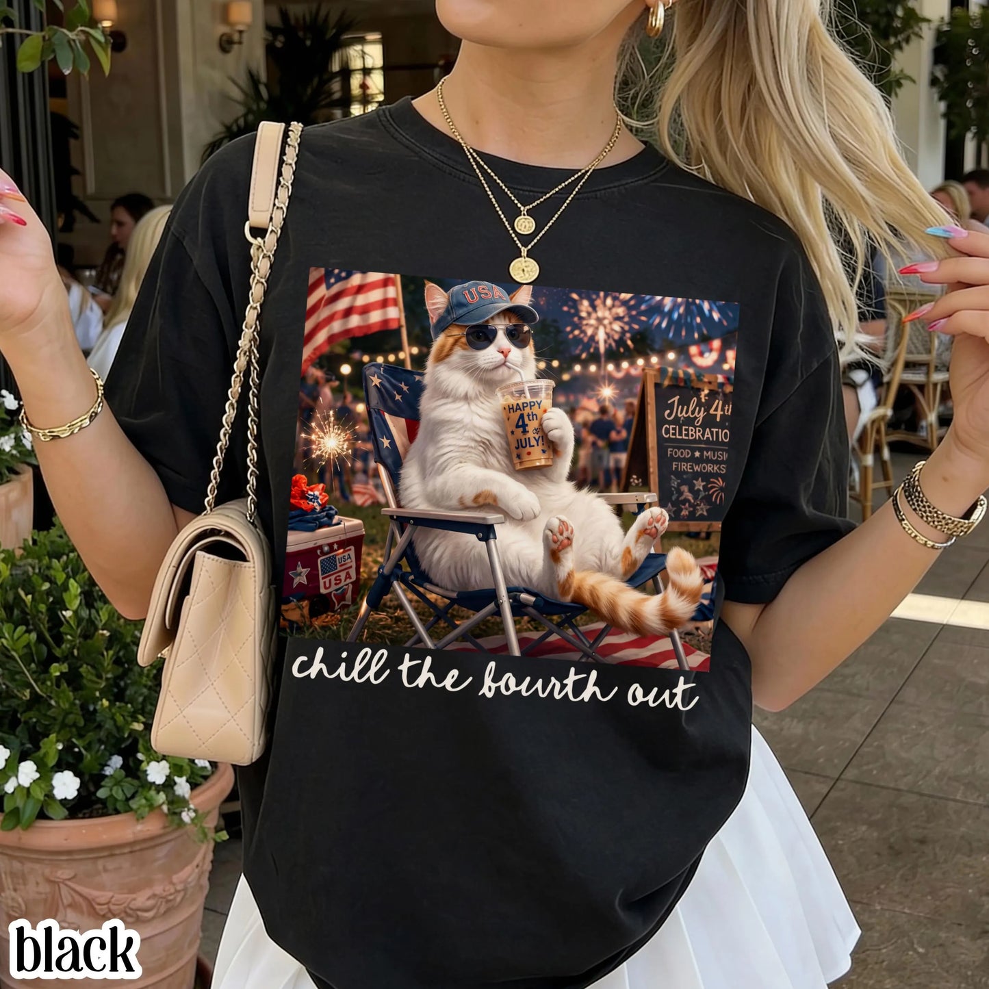 4th of July Cat America Comfort Colors Shirt Kitty Iced Coffee Patriotic USA Tee Chill Out Funny Cat Lover TShirt Fourth of July T-Shirt