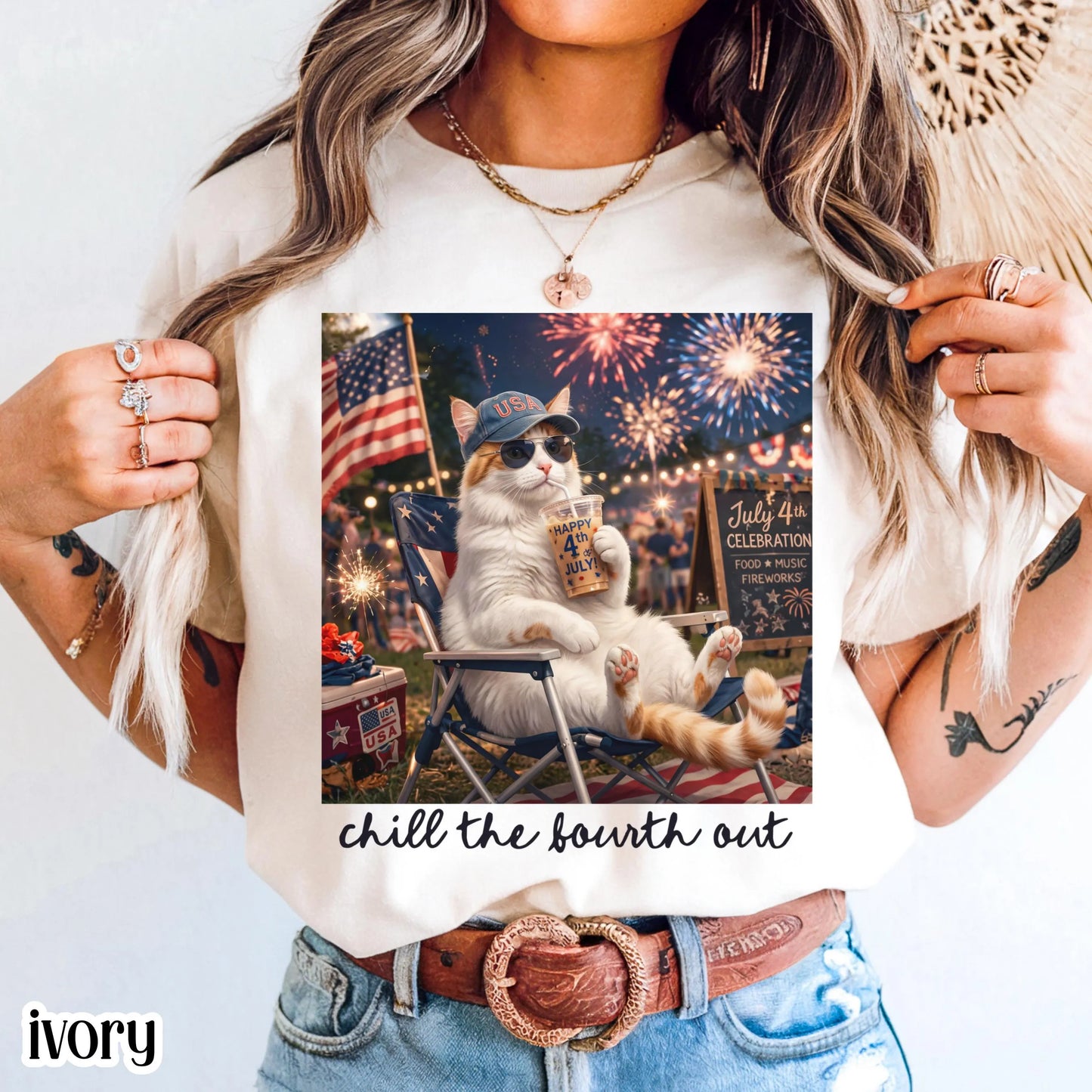 4th of July Cat America Comfort Colors Shirt Kitty Iced Coffee Patriotic USA Tee Chill Out Funny Cat Lover TShirt Fourth of July T-Shirt