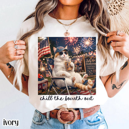4th of July Cat America Comfort Colors Shirt Kitty Iced Coffee Patriotic USA Tee Chill Out Funny Cat Lover TShirt Fourth of July T-Shirt