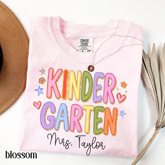 Custom Comfort Colors® Kindergarten Teacher Shirt First Day Kinder Matching Group T-Shirt Colorful Cute Educator Back to School Outfit