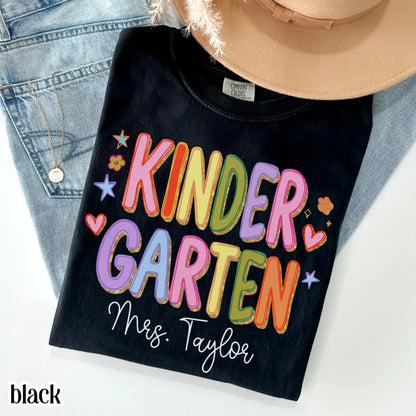 Custom Comfort Colors® Kindergarten Teacher Shirt First Day Kinder Matching Group T-Shirt Colorful Cute Educator Back to School Outfit