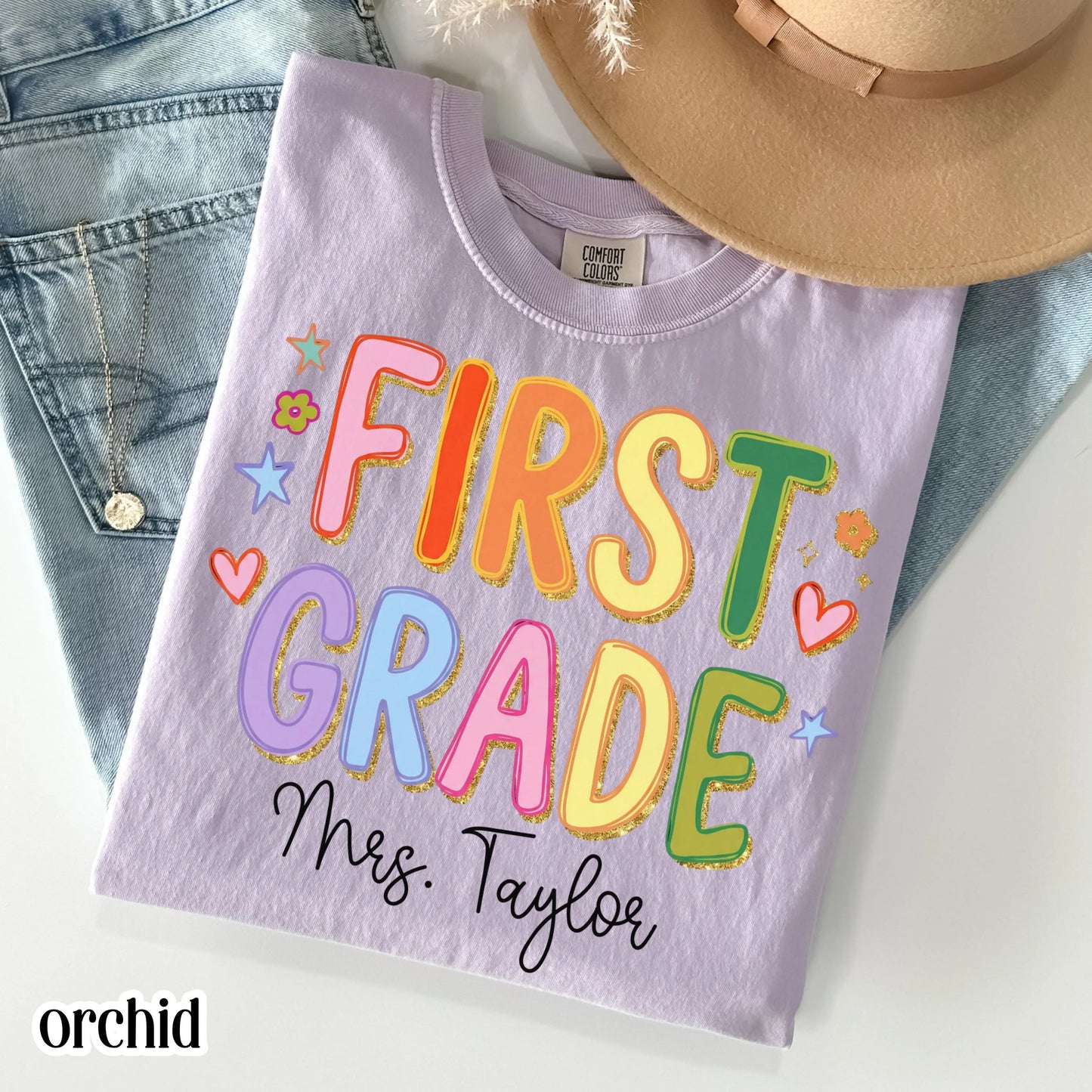 Custom Comfort Colors® First Grade Teacher Shirt First Day 1st Grade Matching Group T-Shirt Colorful Cute Educator Back to School Outfit