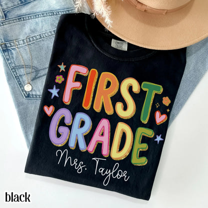Custom Comfort Colors® First Grade Teacher Shirt First Day 1st Grade Matching Group T-Shirt Colorful Cute Educator Back to School Outfit