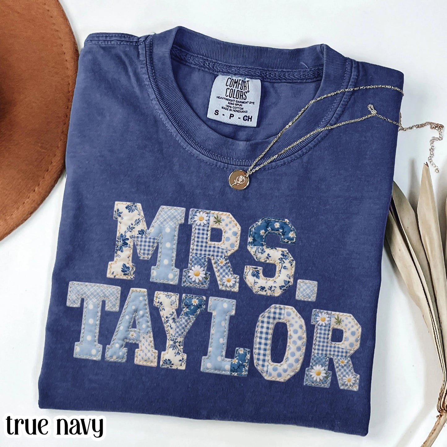 Custom Teacher Name Comfort Colors® Shirt Kindergarten Teacher T-shirt First Day 1st Grade Matching TShirt Floral Blue Faux Patchwork Tee