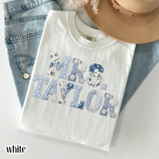 Custom Teacher Name Comfort Colors® Shirt Kindergarten Teacher T-shirt First Day 1st Grade Matching TShirt Floral Blue Faux Patchwork Tee