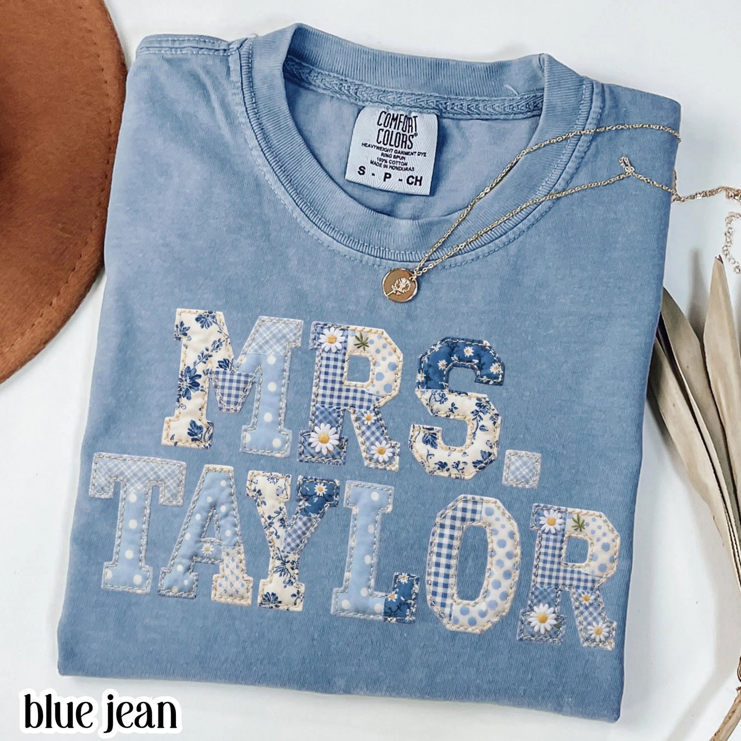 Custom Teacher Name Comfort Colors® Shirt Kindergarten Teacher T-shirt First Day 1st Grade Matching TShirt Floral Blue Faux Patchwork Tee