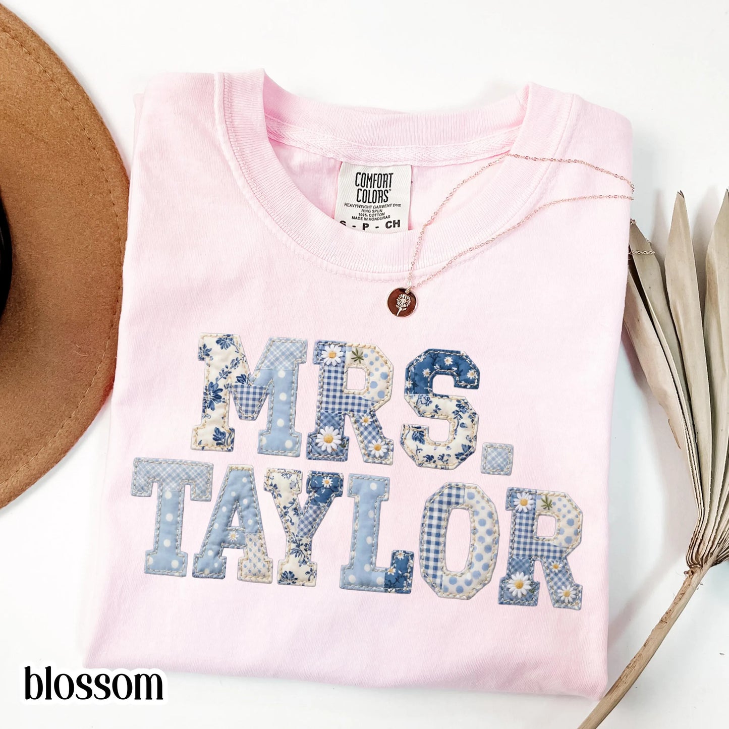 Custom Teacher Name Comfort Colors® Shirt Kindergarten Teacher T-shirt First Day 1st Grade Matching TShirt Floral Blue Faux Patchwork Tee