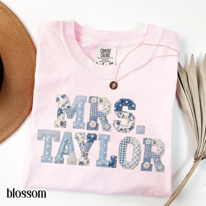 Custom Teacher Name Comfort Colors® Shirt Kindergarten Teacher T-shirt First Day 1st Grade Matching TShirt Floral Blue Faux Patchwork Tee