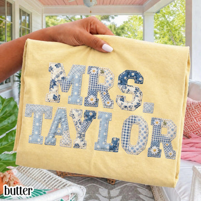 Custom Teacher Name Comfort Colors® Shirt Kindergarten Teacher T-shirt First Day 1st Grade Matching TShirt Floral Blue Faux Patchwork Tee