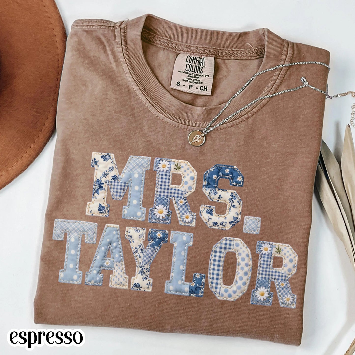 Custom Teacher Name Comfort Colors® Shirt Kindergarten Teacher T-shirt First Day 1st Grade Matching TShirt Floral Blue Faux Patchwork Tee