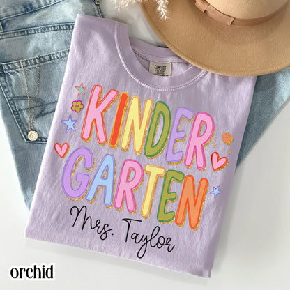 Custom Comfort Colors® Kindergarten Teacher Shirt First Day Kinder Matching Group T-Shirt Colorful Cute Educator Back to School Outfit